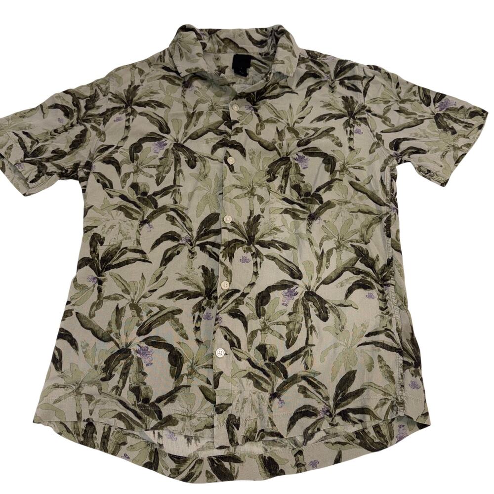 H&M Men's Hawaiian Shirt S Green Palm Tree Tropical Floral Resort Camp